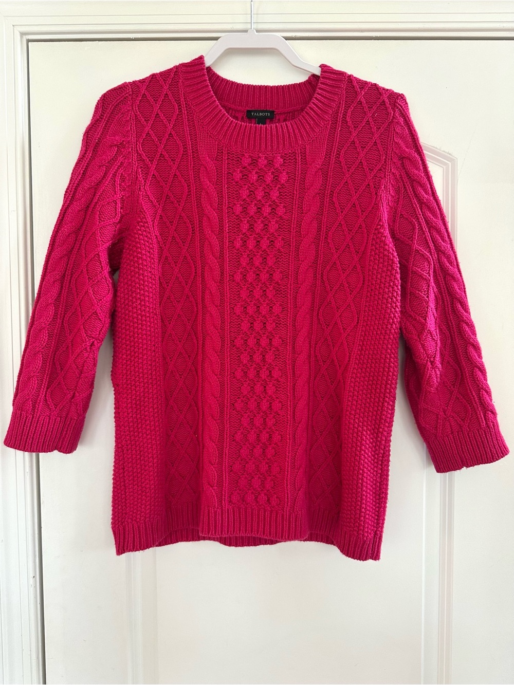 Talbots Fuchsia Pink Cable Knit Crew Neck Pullover Sweater 3/4 Sleeve Womens L